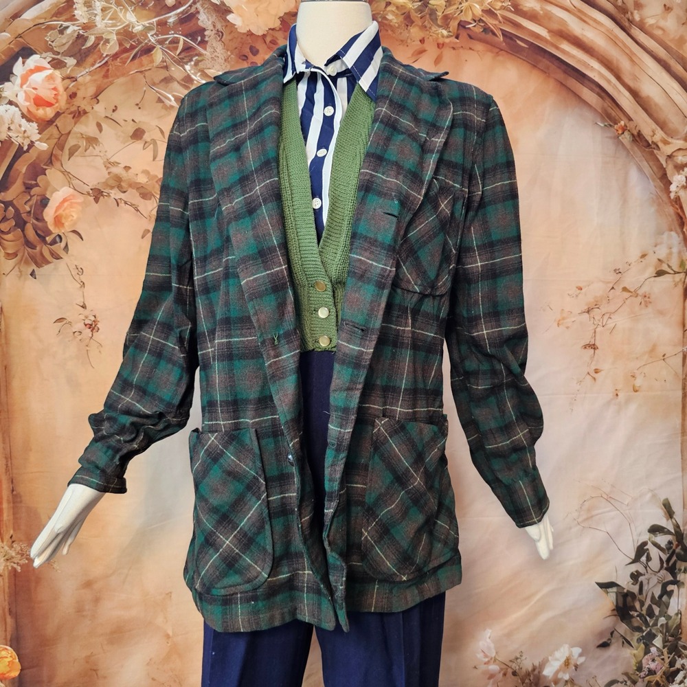 Vintage 1950s Pendleton Mens Plaid Wool Jacket Topster Green Brown Blazer